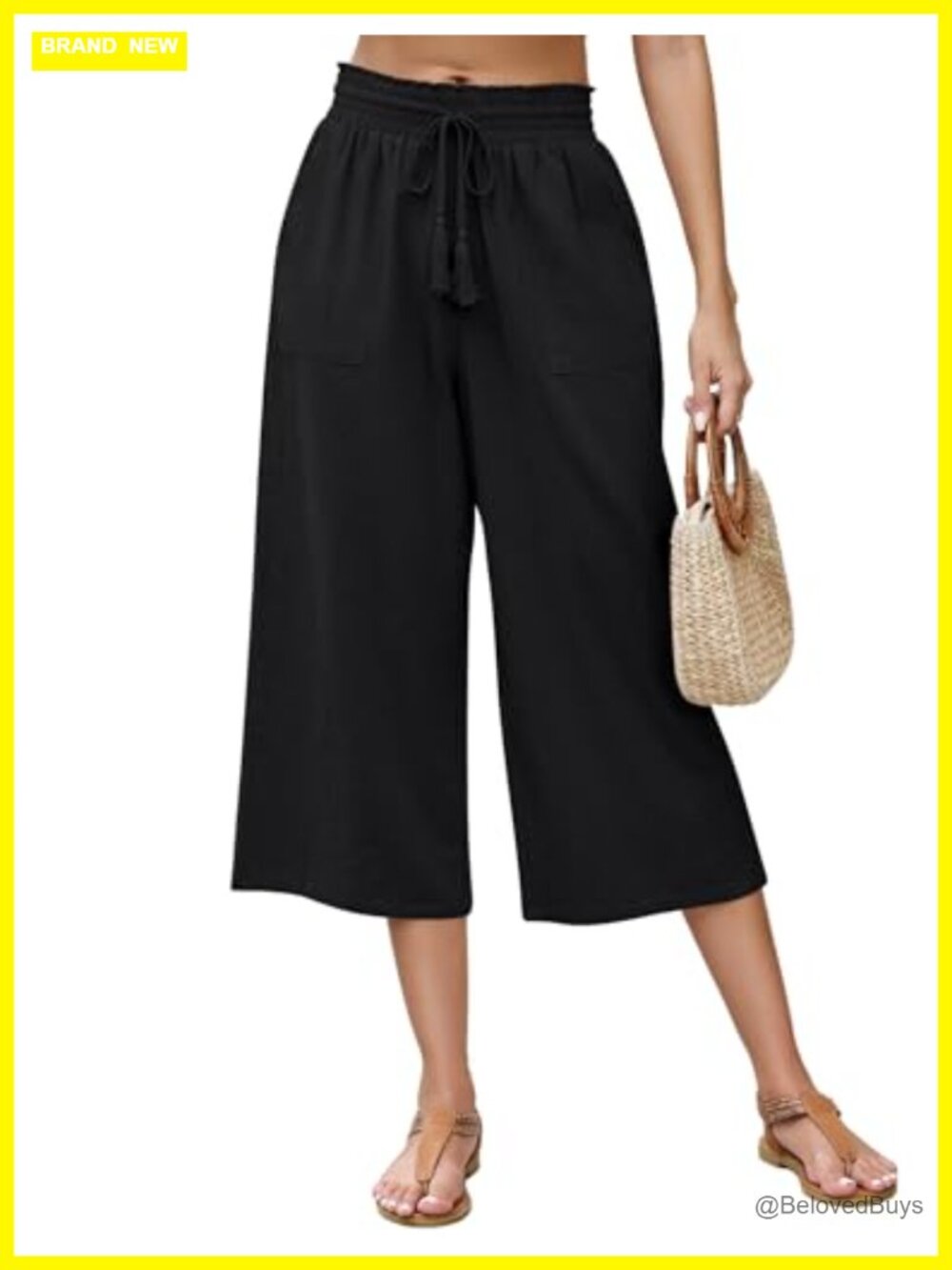 Linen Capri Pants Wide Leg Elastic High Waisted Cropped Casual